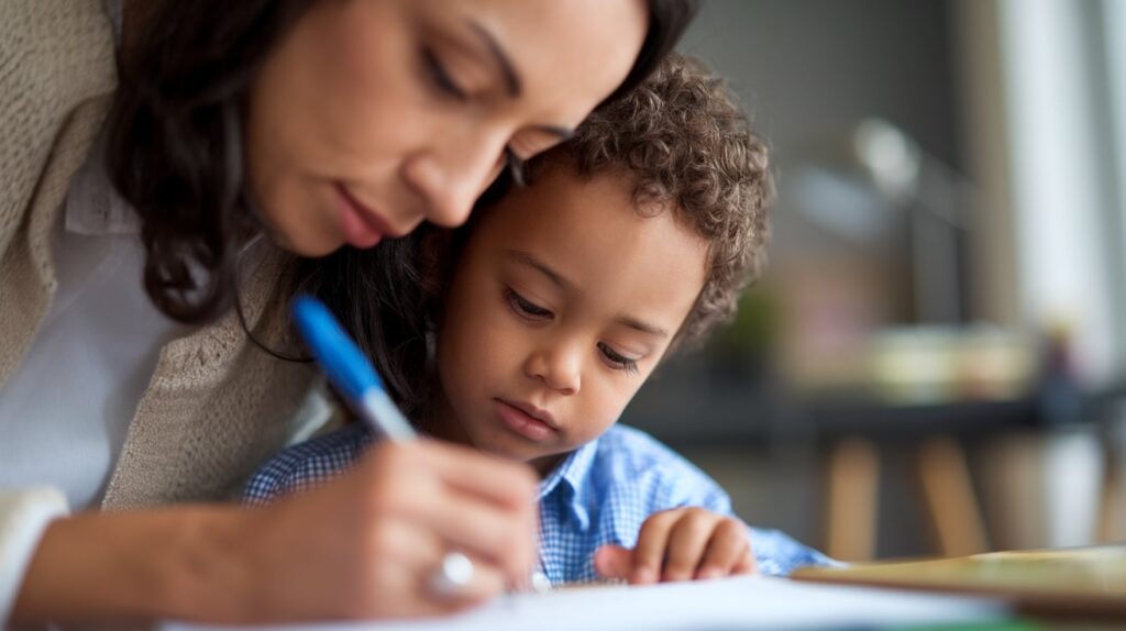 mother with child Doing School Homework