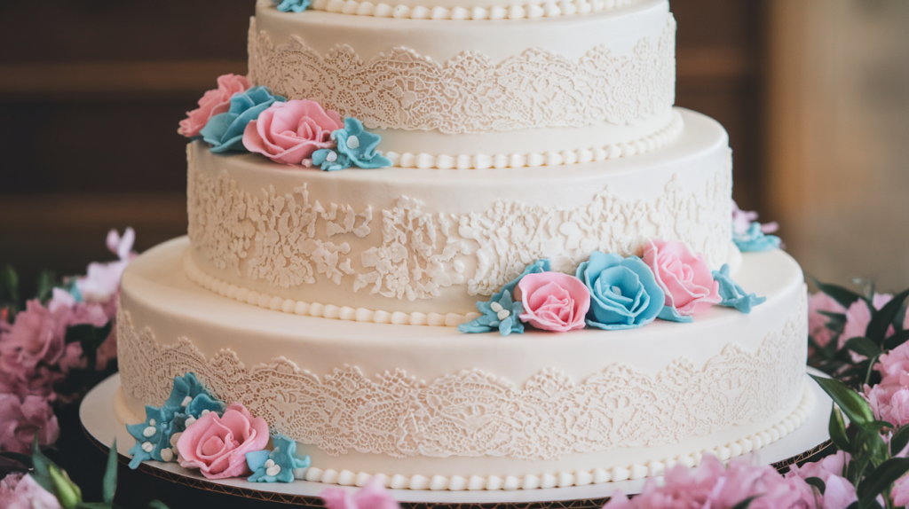 A photo of a wedding cake with multiple layers. The cake is covered in white fondant and has intricate lace patterns carved into it. There are also pink and blue fondant flowers scattered across the cake