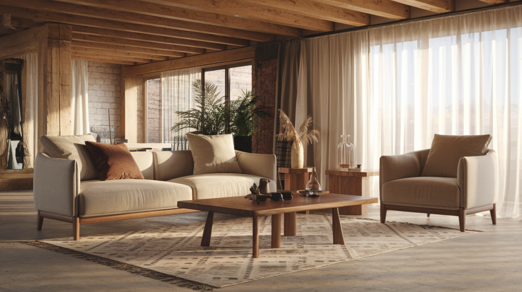 A modern rustic living room with soft natural light. There is a beige sofa with a few cushions and a matching armchair. A wooden coffee table sits in the middle. A rug with a geometric pattern is placed under the furniture. A few decorative items are placed on the table and near the window. A plant is placed on the floor. The room has wooden beams on the ceiling and a brick wall.