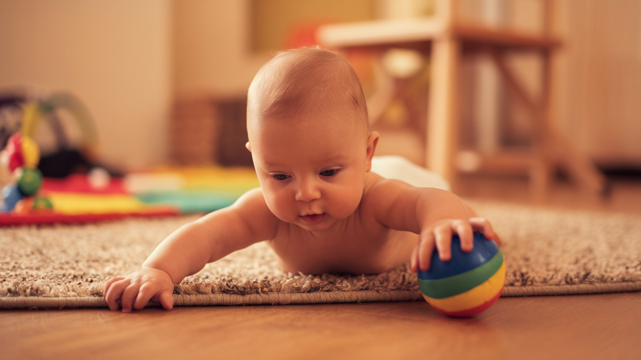 A warm lighting photo of a baby lying on a rug. The baby is reaching out with both hands, trying to grab a colorful ball near him. The rug is placed on a wooden floor. The room has a few toys and a chair. The background is blurred.