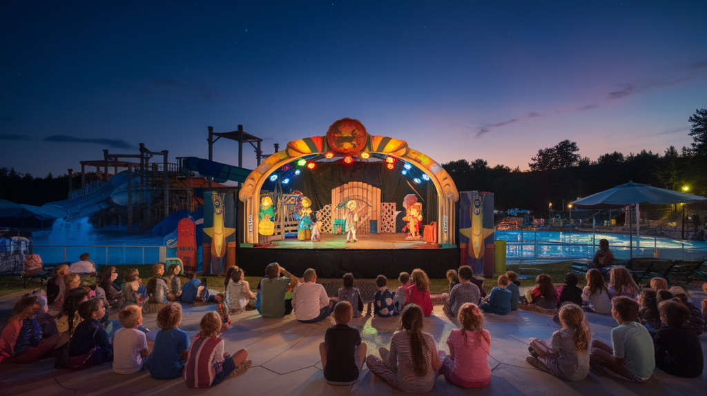 an evening show at a kid-friendly resort with a water park. There are many kids of various ages sitting on the ground, watching the show. The stage is decorated with colorful lights and props. In the background, there are water slides and other water park attractions. The sky is darkening, with a few stars visible.