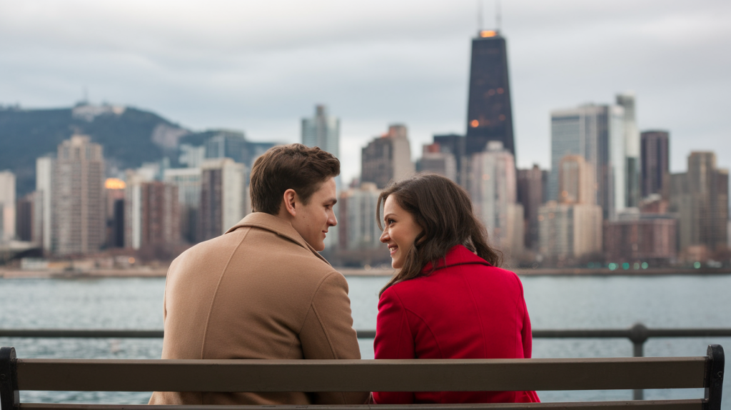 A cinematic shot of a couple on their first date outdoors. The man is wearing a beige coat and the woman is wearing a red coat. They are sitting on a bench near a body of water. The background reveals a city skyline with tall buildings. The sky is overcast.