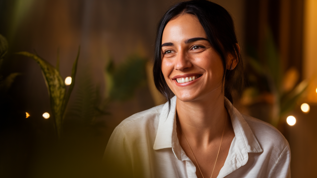 A photo of a woman's online dating profile with warm lighting. She is smiling and has dark hair. She is wearing a white shirt and a necklace. The background is blurred and contains plants.