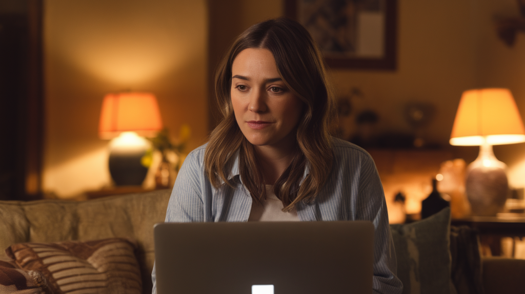 A cinematic medium shot of a woman's online dating profile bio on a laptop. She is sitting in a cozy living room with warm lighting.