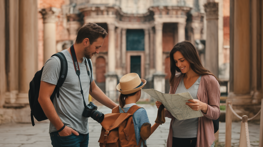 family exploring a historic site in Europe. A father with a camera around his neck, a mother holding a map, and a child wearing a backpack and a hat