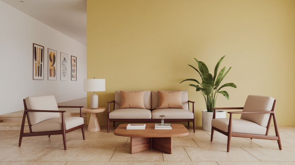 minimalist living room with a yellow wall. There's a beige sofa with two cushions, a wooden coffee table, and a green plant.