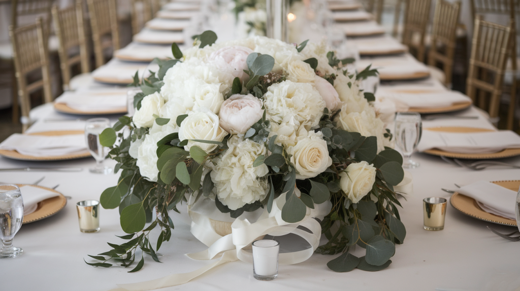 A wedding reception with a long table adorned with a large, round wedding centerpiece. The centerpiece features a cascading arrangement of white roses, peonies, and eucalyptus. There are also small white candles and ivory ribbons wrapped around the arrangement. The table has white tablecloths and napkins, as well as gold chargers and silverware.