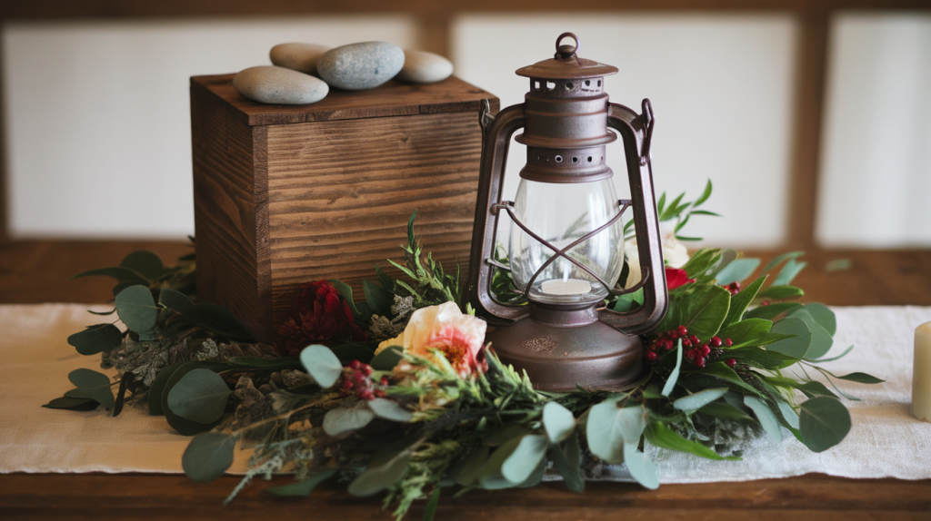 A rustic wedding centerpiece with a wooden box, a vintage lantern, and greenery