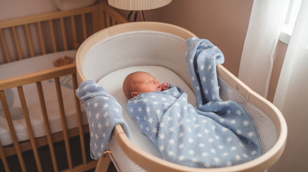 newborn baby sleeping in a bassinet