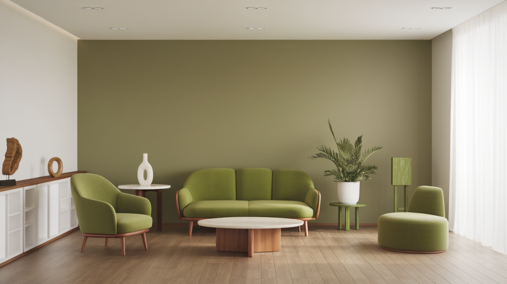 minimalist living room with a green accent wall. There is a green sofa with wooden legs, a green chair with a white base, and a green plant stand