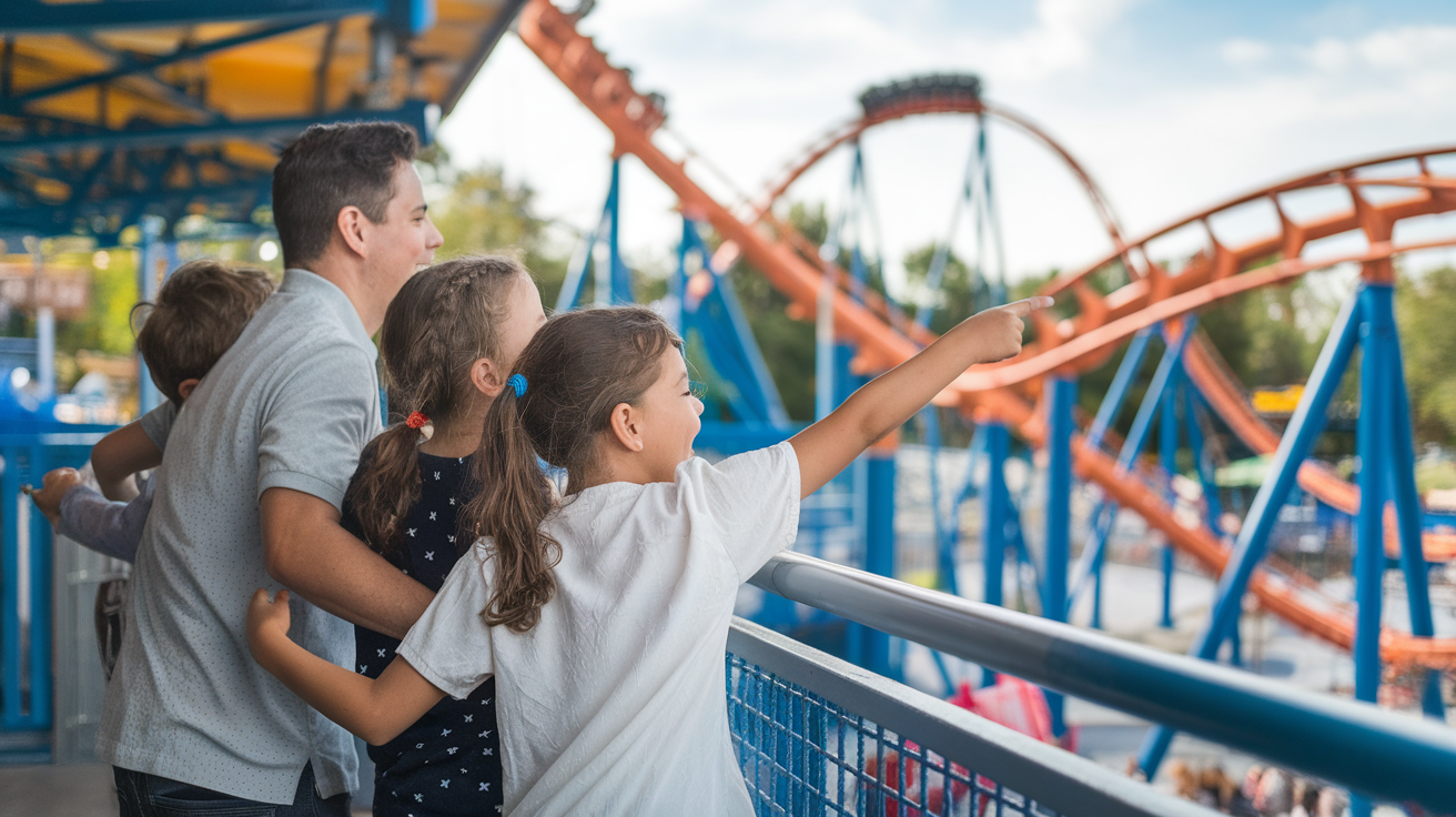 A photo of a step-parent and step-kids enjoying a day at an amusement park. The step-parent is standing with their step-kids on a platform with a view of the park. The step-kids are excitedly pointing at the roller coaster in the distance. The step-parent has their arm around one of the kids