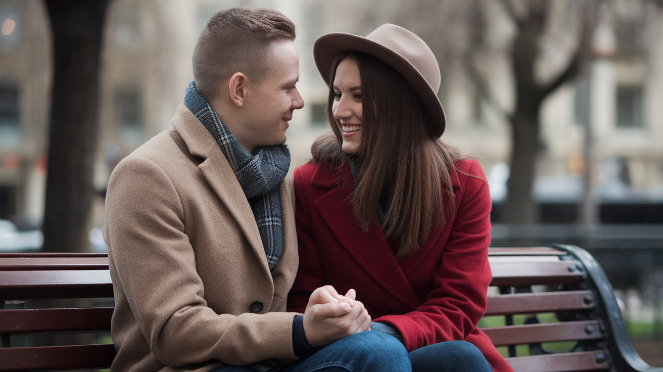 modern couple courtship. A man with short hair and a woman with long hair are sitting on a bench