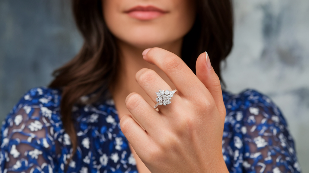 A closeup photo of a woman's hand wearing a cluster engagement ring. The ring has multiple gemstones and is white gold