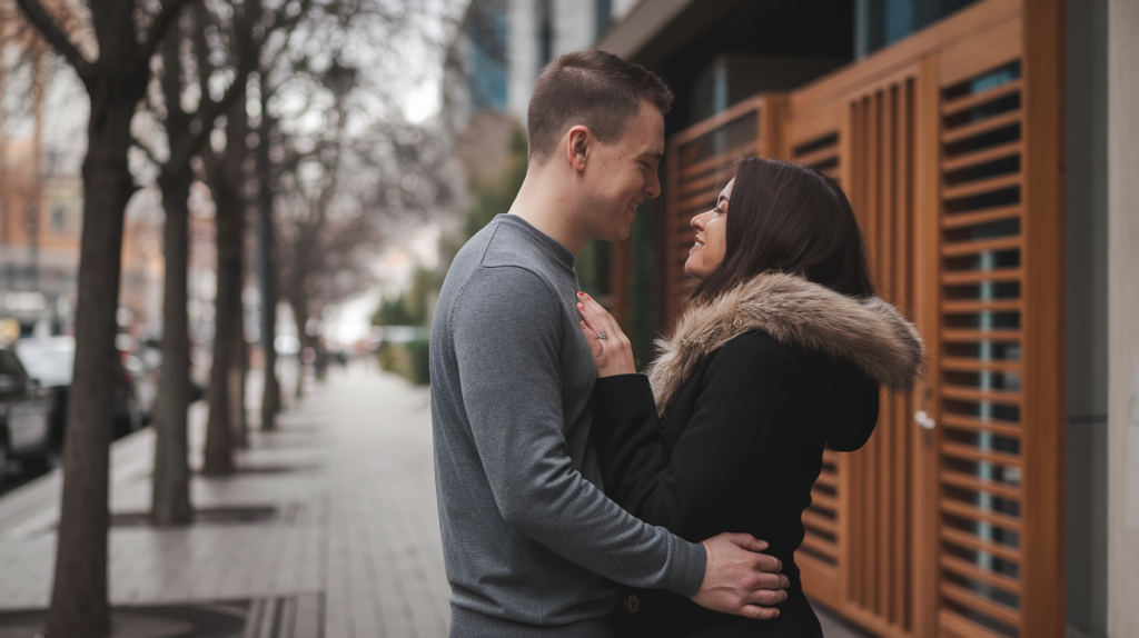 a modern couple. The man is wearing a gray sweater and the woman is wearing a black coat with a fur collar. They are standing on a sidewalk with trees lined up next to a building with a wooden gate