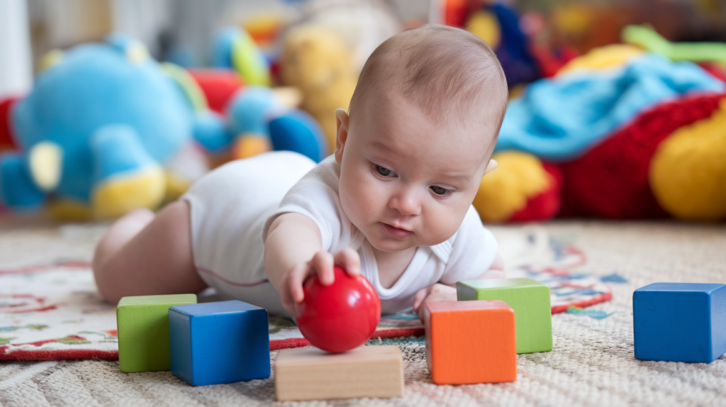 A photo of a baby lying on a rug, reaching for a red ball. The baby is wearing a white onesie. The ball is placed on a wooden block. There are other colourful blocks around the baby