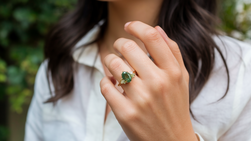 A closeup photo of a woman's hand wearing a nature-inspired engagement ring. The ring has a green gemstone and is mounted on a gold band