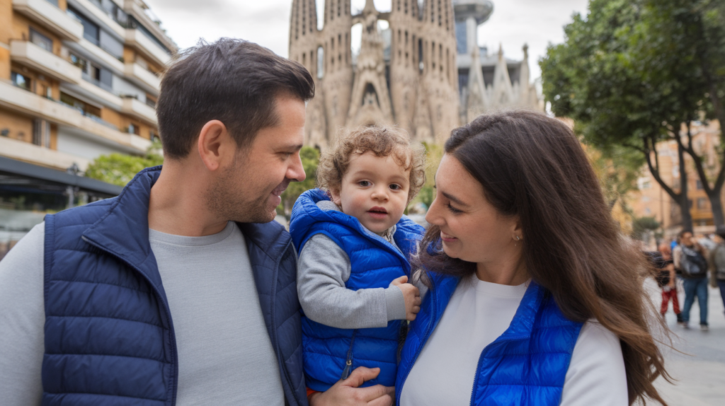 family of tourists exploring the city of Barcelona, Spain