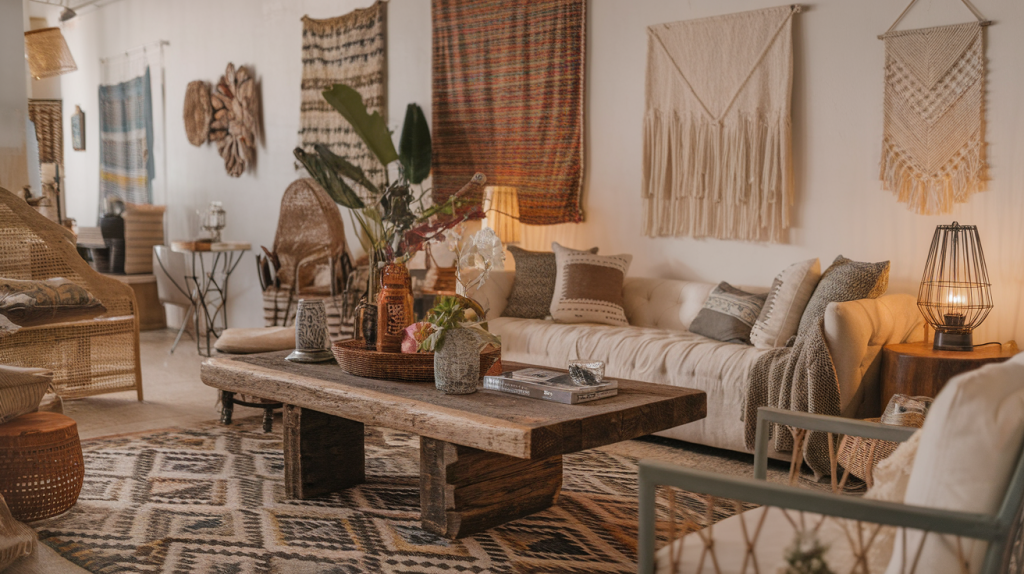 A photo of a bohemian living room with a rustic wooden coffee table, a patterned rug, and a beige sofa. There are also a few chairs and a plant in the room. The walls are adorned with multiple pieces of art and a lantern. The room has a few decorative items, such as a basket and a lamp. The overall ambiance is warm and inviting.