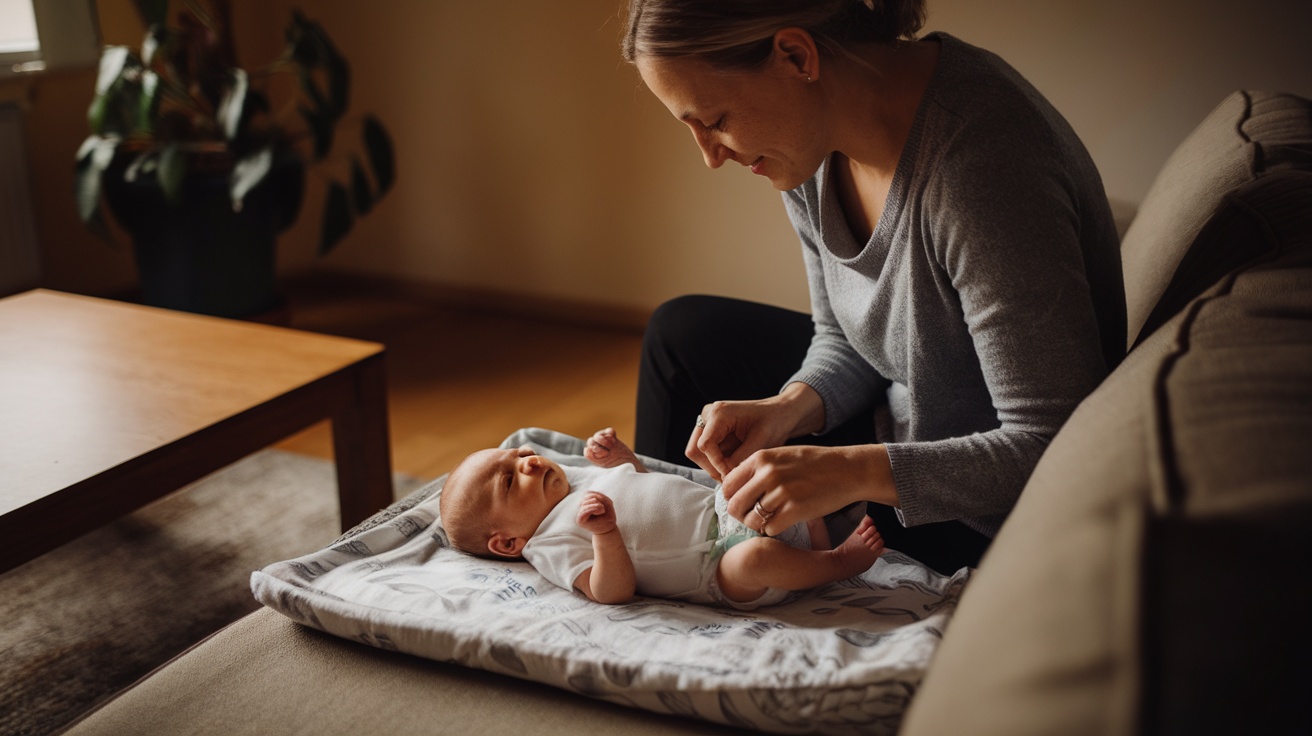 A photo of a mother changing the diaper of a newborn baby in the warm lighting of a living room. The mother is sitting on a couch and the baby is laying on it. The room has a wooden coffee table and a plant near the couch. The mother is wearing a gray sweater and the baby is wearing a white onesie.