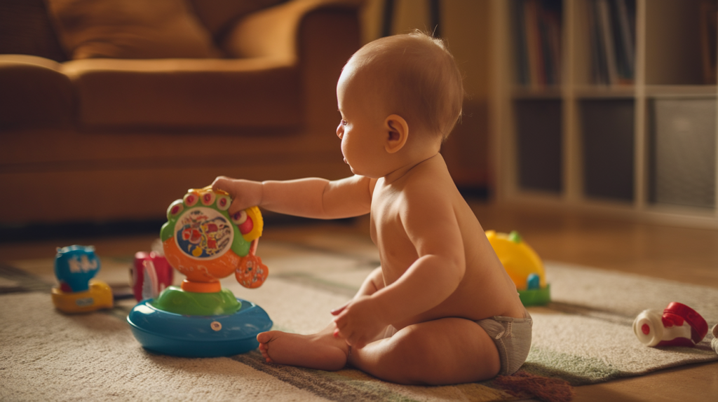 A photo of a baby sitting on a rug, reaching out for a toy. The room has warm lighting, and there are other toys scattered around the baby. The background contains a couch and a bookshelf.