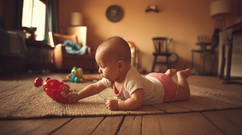 A warm lighting photo of a baby lying on a rug, reaching out to grab a red toy. The baby is wearing a white onesie and a pink outfit. The rug is placed on a wooden floor. There are other toys around the baby. The room has a vintage feel with a few items like a lamp, a chair, and a wall decoration.