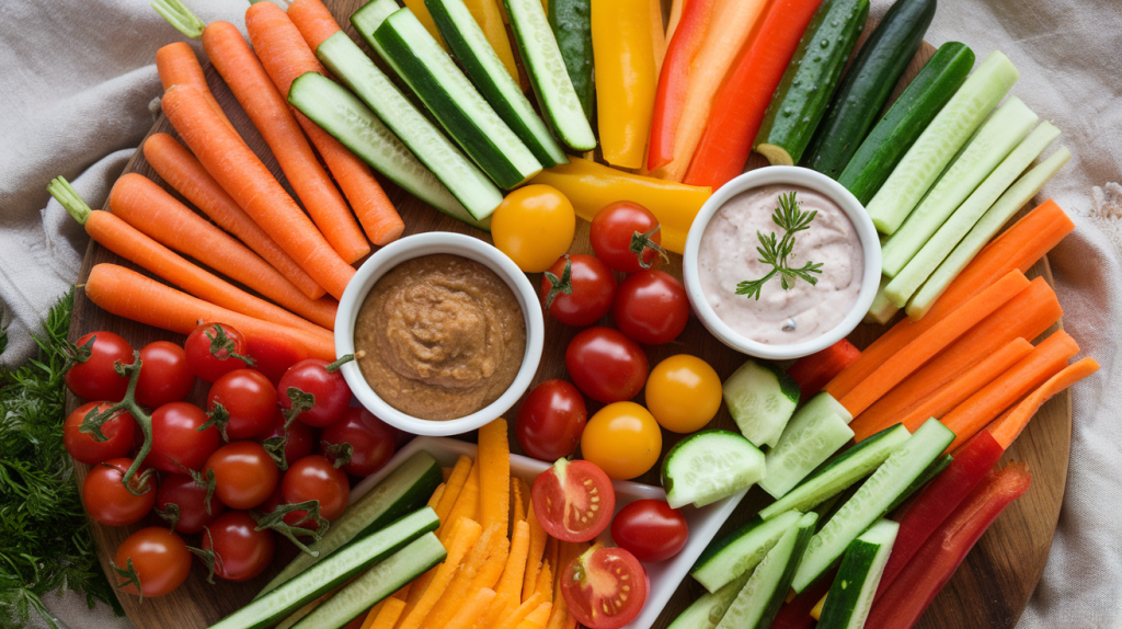 A photo of a variety of healthy vegetable snacks for kids. There are carrots, cucumbers, and bell peppers sticks, and cherry tomatoes. The vegetables are arranged on a wooden board. Accompanying the vegetables are some dips in small bowls