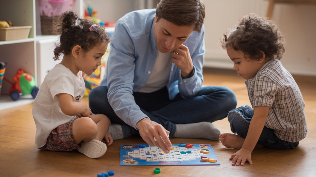 step-parent playing with their step-children. The step-parent is sitting on the floor, playing a board game with the step-children. The step-children are sitting on either side of the step-parent, focused on the game. The room has a wooden floor and has a few toys scattered around