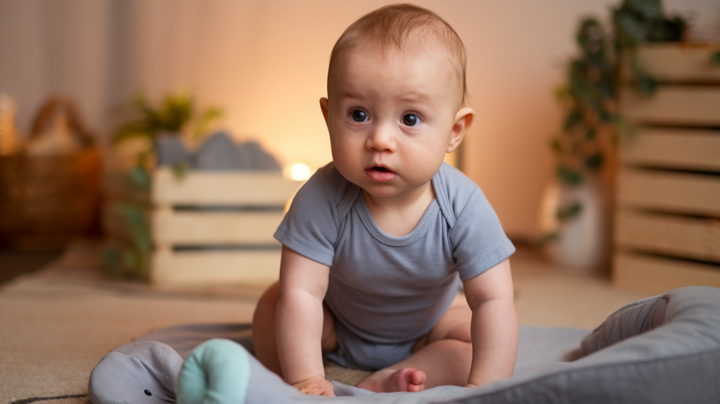 A photo of a baby sitting on a soft surface. The baby is wearing a grey onesie. The baby's hands are placed on the ground. There's a soft toy near the baby. The background is warm and comfortable, with a wooden crate, a rug, and a plant.