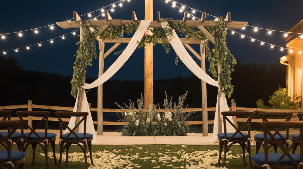 Rustic Wedding Decor idea with lighting at night