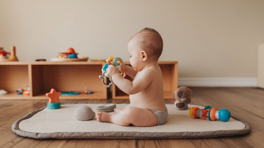 A photo of a baby sitting on a mat. The baby is holding a toy with colorful shapes. The mat is placed on a wooden floor. There are other toys with different textures scattered around the mat