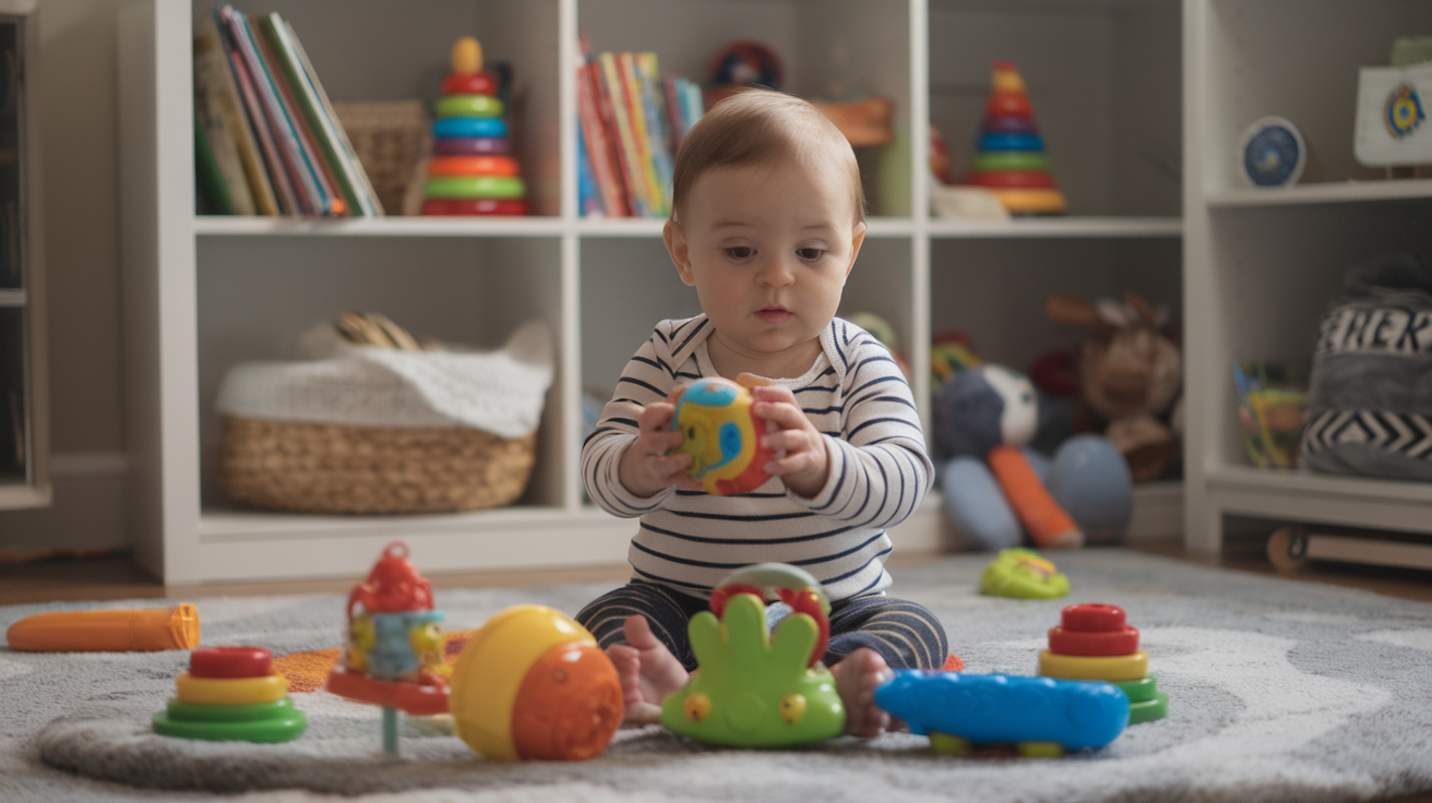 A photo of a baby with a colorful toy in their hands. The baby is sitting on a soft rug. The rug has a variety of toys around it