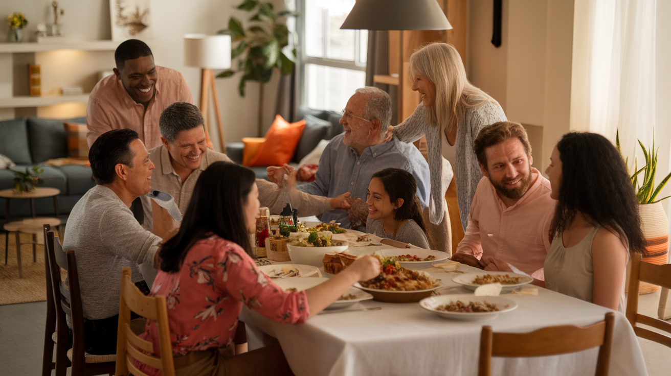 A cinematic shot of a big family reunion interacting at home. There is a large dining table with a white tablecloth and multiple dishes. Family members of diverse ages and ethnicities are seated around the table, chatting and laughing. The background reveals a cozy living room with a sofa, chairs, a plant, and a shelf with decoration. The lighting is warm.