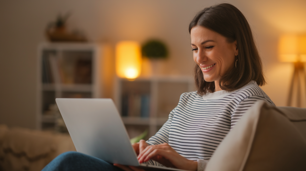 A photo of a woman sitting in a room with warm lighting. She is holding a laptop and has a smile on her face. The background is blurred and contains a bookshelf, a plant, and a lamp. The overall ambiance is cozy and inviting.