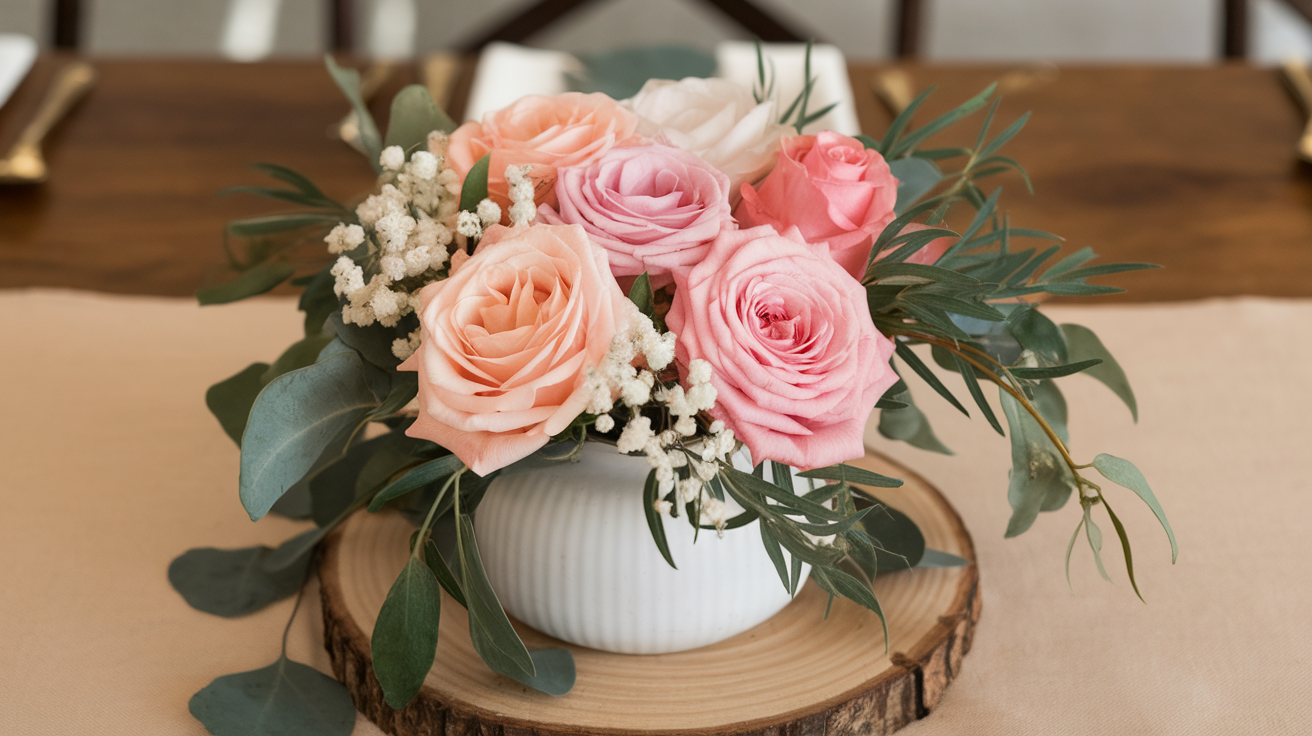 A photo of a wedding centerpiece with a white vase filled with peach and pink roses. There are also greenery leaves and white flowers. The vase is placed on a wooden board. The background is a wooden table with a beige tablecloth.