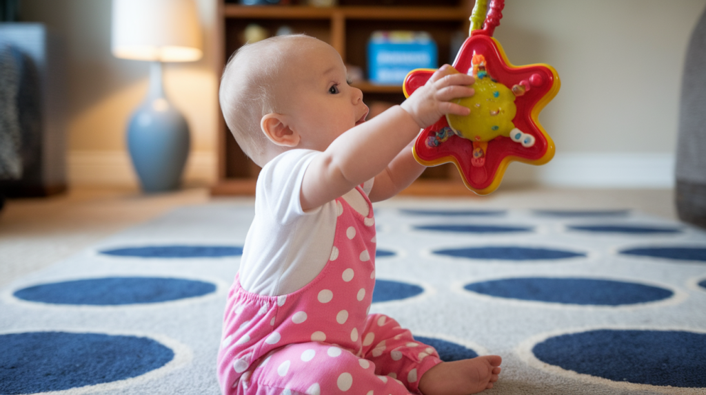 a baby sitting on a rug, reaching for a brightly colored toy. The baby is wearing a white onesie and has a pink outfit with white polka dots