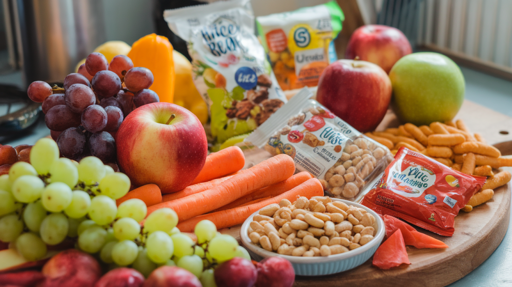 A photo of a variety of healthy snacks for kids. There are fresh fruits and vegetables like apples, carrots, and grapes. There are also some pre-packaged snacks like rice cakes and nuts. The snacks are arranged on a wooden board