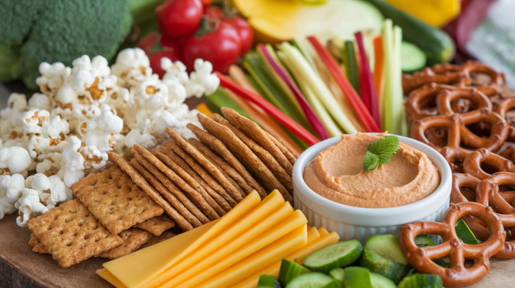 A photo of a variety of healthy savory snacks for kids. There are popcorn, whole grain crackers with cheese, vegetable sticks with hummus, and pretzels. The snacks are arranged on a wooden board and there are some fresh vegetables and fruits in the background