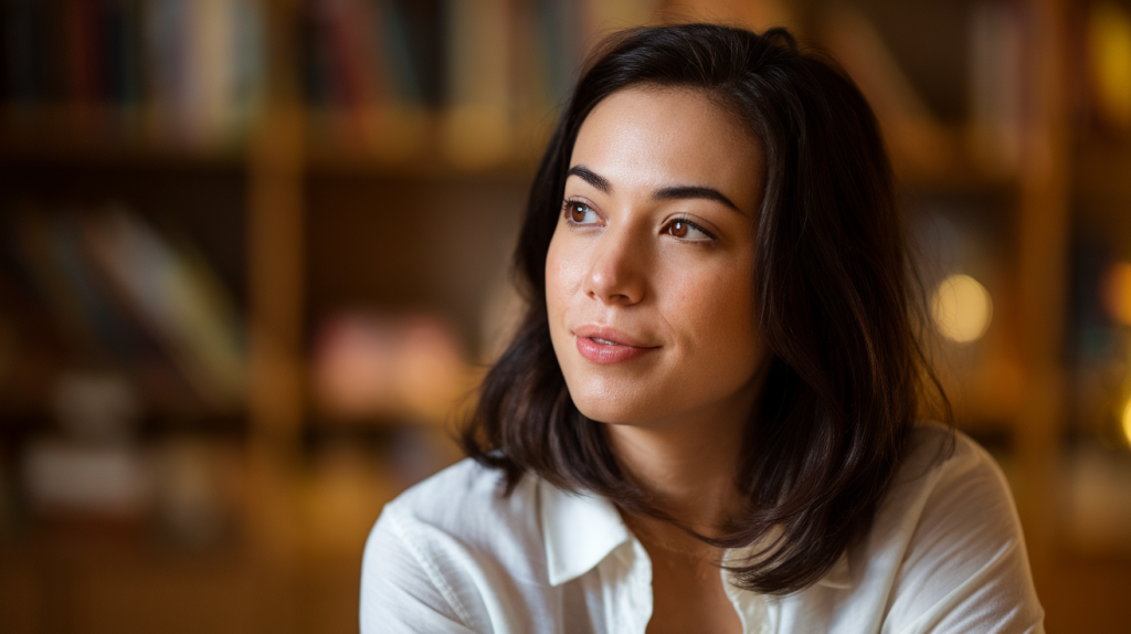 A photo of a woman's online dating profile. She has dark hair and is wearing a white shirt. She is looking to the side. The background is blurred and contains a bookshelf. The lighting is warm.