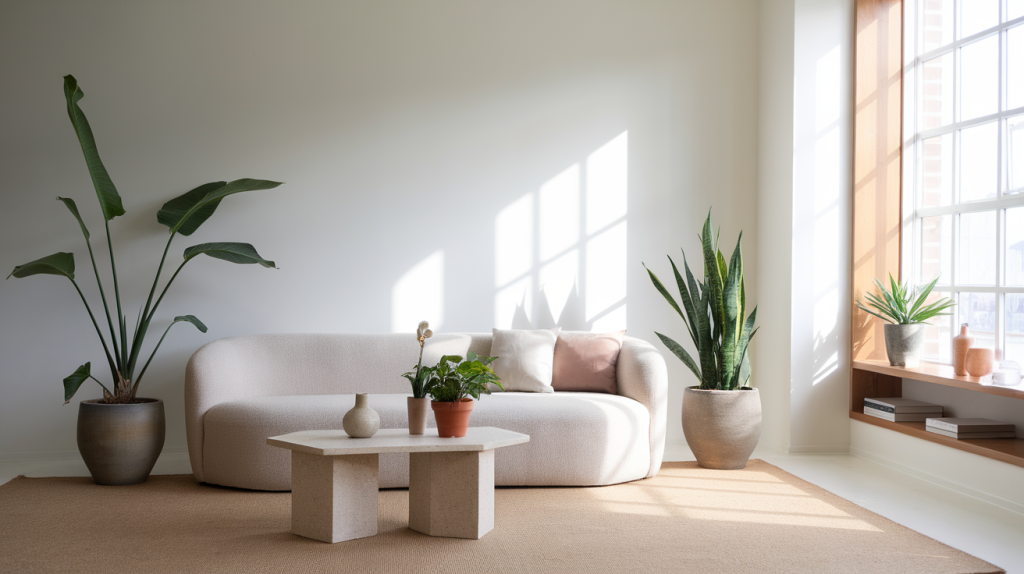 minimalist living room with a beige sofa, a few potted plants, and a few decorative items