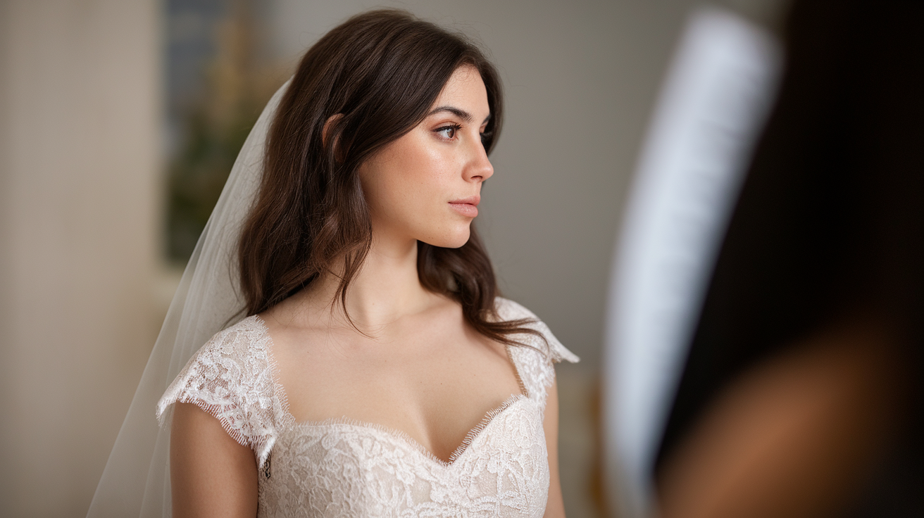 A side profile photo of a woman with dark hair wearing a wedding dress. The dress has a sweetheart neckline and is made of a lace material