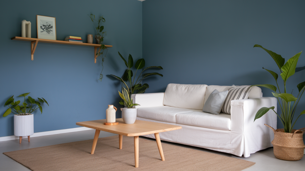 minimalist living room with a blue wall. The room contains a white sofa, a coffee table, and a few plants