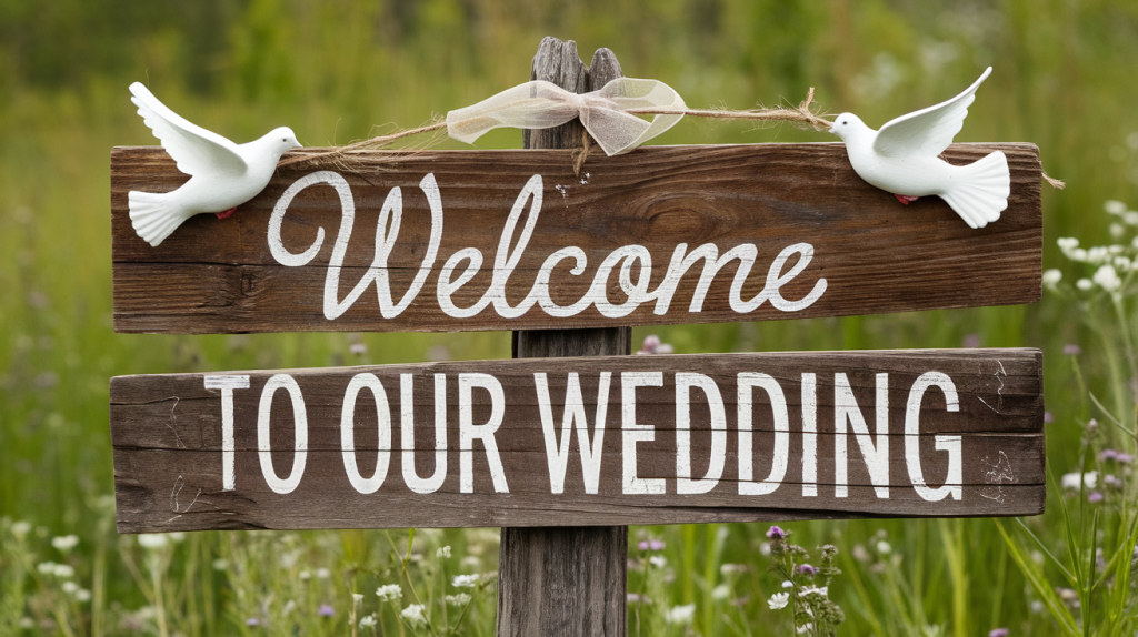 A rustic wedding sign that says "Welcome to our wedding". The sign is made of wood and has a rustic, weathered appearance