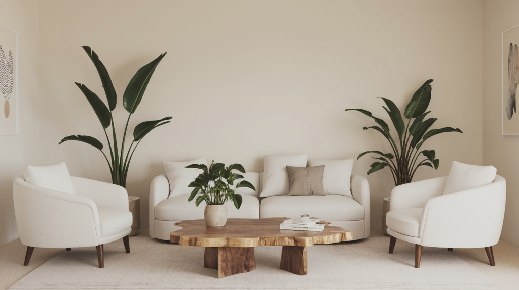 A minimalist living room with a white sofa and a few plants