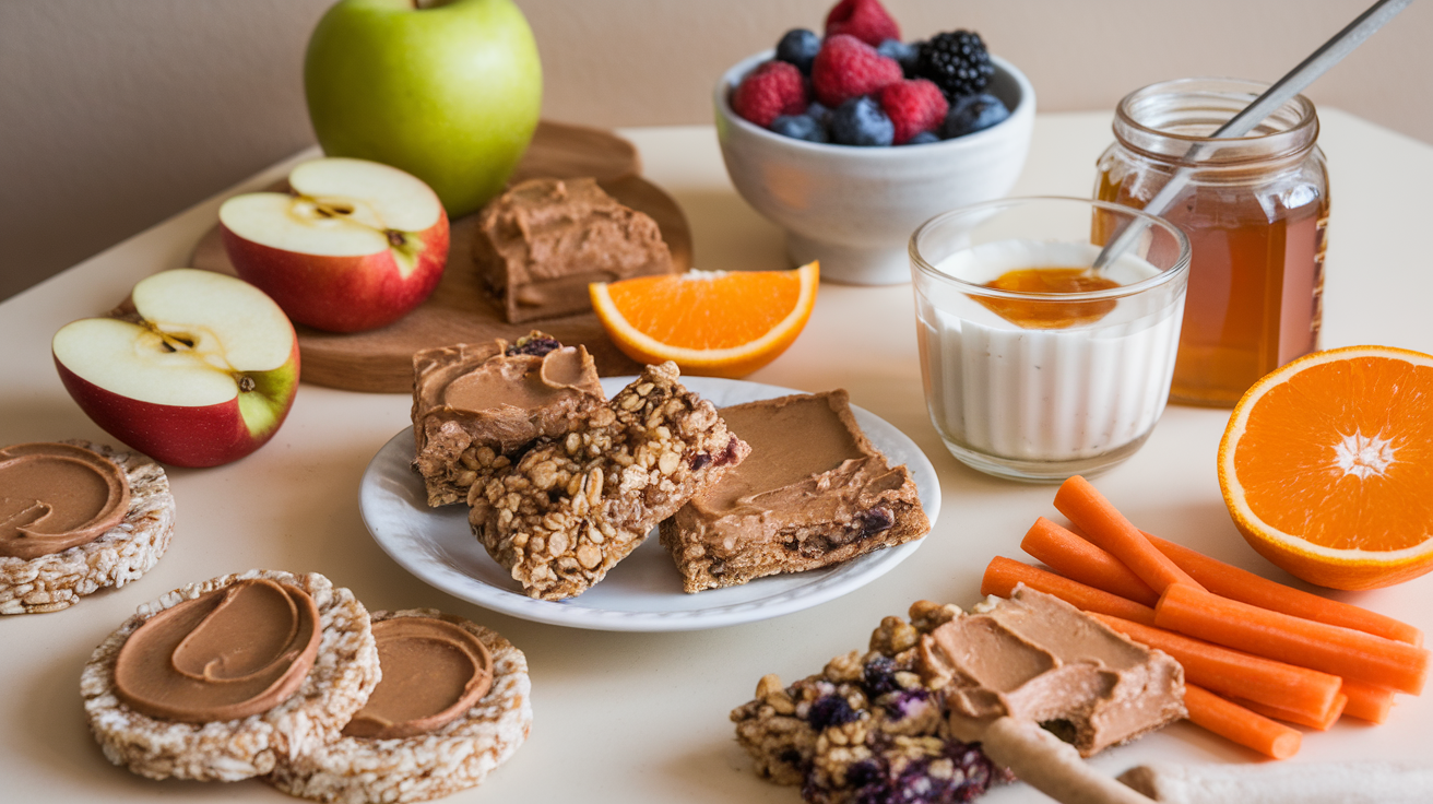 A photo of a table with various healthy snacks for kids. There are apple slices with peanut butter, rice cakes with almond butter, carrot sticks with hummus, orange slices, and granola bars. There's a cup of yogurt with honey and a jar of honey. There's a bowl of mixed berries