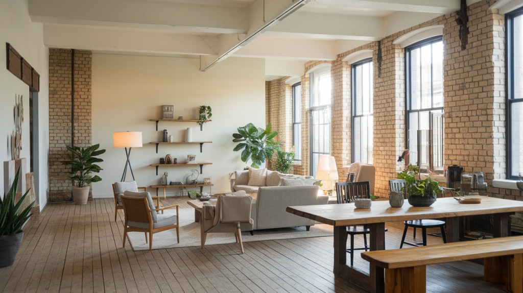 A photo of a modern open rustic living room with soft natural light. The room has a high ceiling and is furnished with a large wooden dining table, a few chairs, and a sofa. There are also some potted plants and a lamp. The walls are exposed brick and have a few shelves. The floor is made of wooden planks.