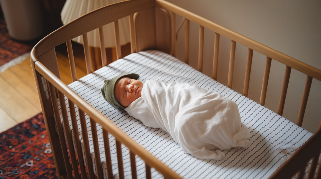 newborn baby sleeping in a wooden crib