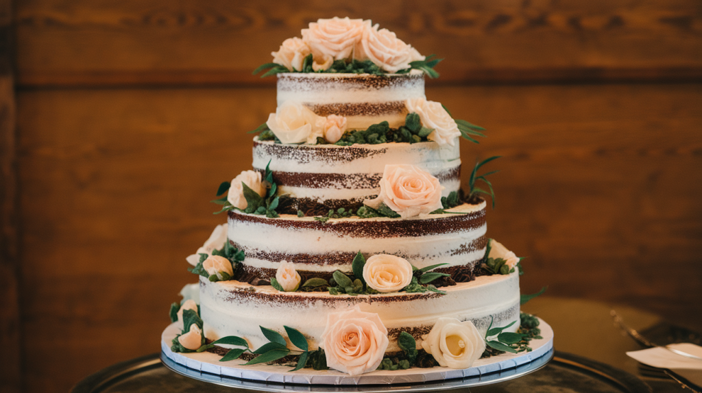 A photo of a wedding cake with multiple tiers. The cake is decorated with intricate sugar flowers and greenery. The cake layers are a mix of white and dark chocolate. The cake is placed on a circular stand