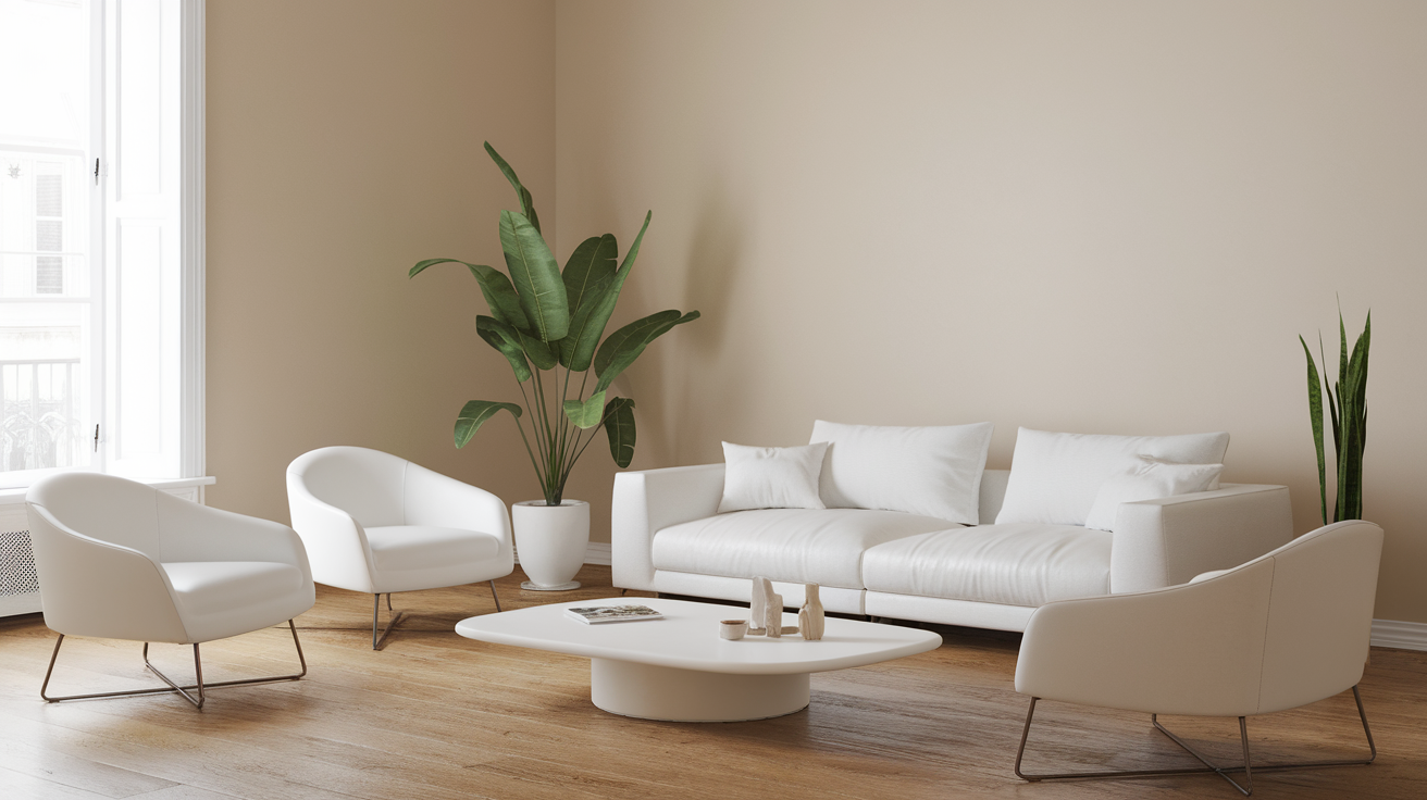 A minimalist living room with a white sofa, a few white chairs, and a white coffee table