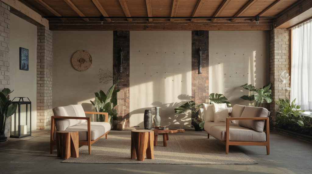 A photo of a modern rustic living room with soft natural light. The room has a wooden ceiling, exposed brick walls, and a concrete floor. There's a beige sofa with a wooden frame, a few wooden stools, and a rug. There are potted plants near the window. The room has a few decorative items, including a lantern and a vase. The walls have a few nails. The room has a few pieces of art.