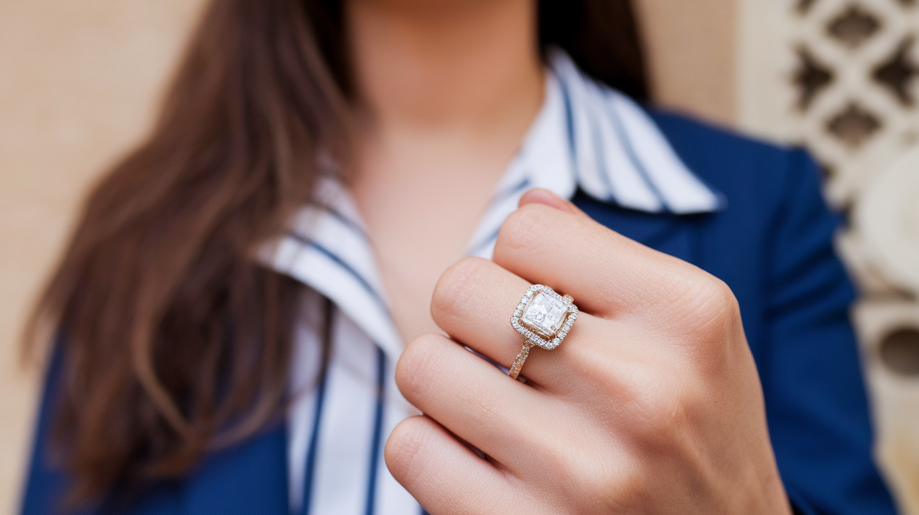 A closeup photo of a woman's engagement ring. The ring has a large diamond in the center, surrounded by smaller diamonds. The band of the ring is yellow gold